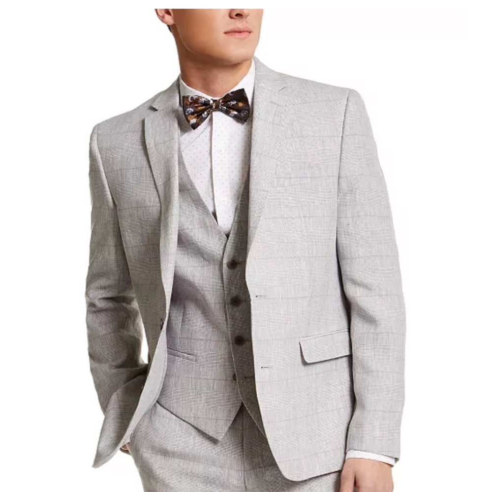 BarIII Bar III Slim Fit Gray Plaid Linen 3 Piece Suit 42R L 34W 36W